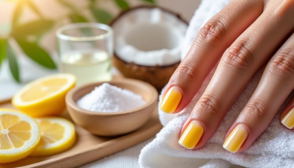 découvrez pourquoi vos ongles jaunissent (mycose, vernis, tabac, carences) et nos remèdes naturels : citron, bicarbonate, huiles, soins et prévention.